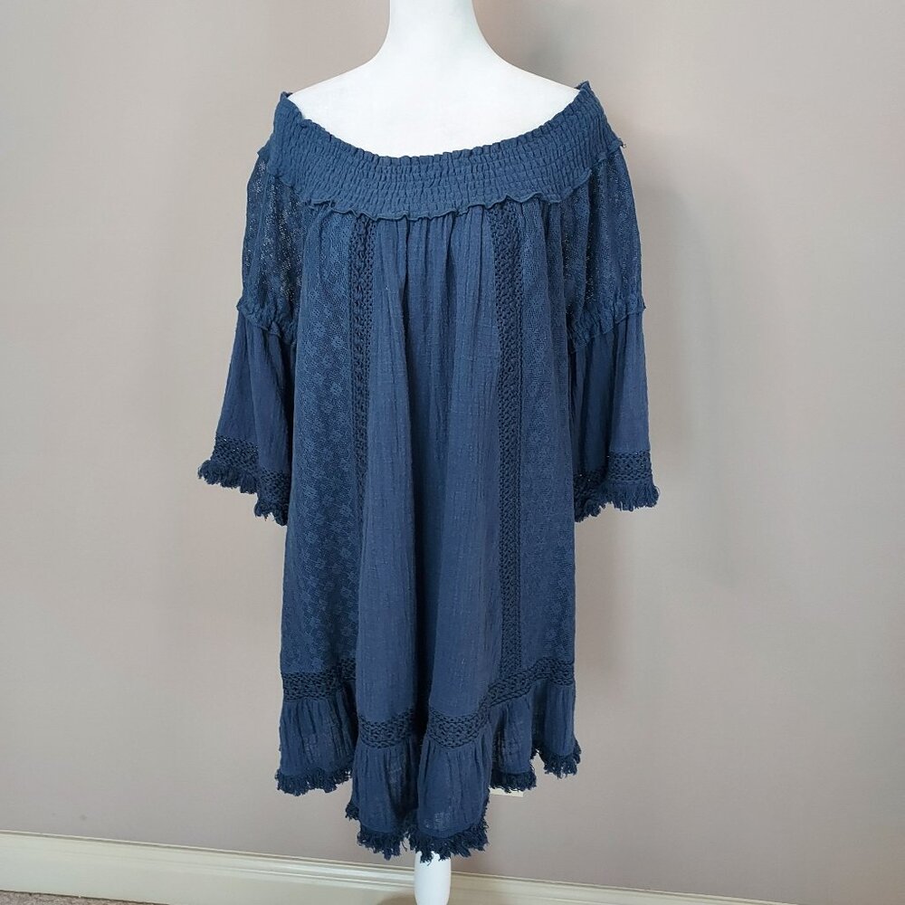 Easel Bohemian Off The Shoulder 3/4 Bell Sleeves Lapis Blue Midi Dress Size Med